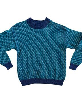 Vintage Hong Kong Blue Green Ribbed Knit Sweater Size Medium